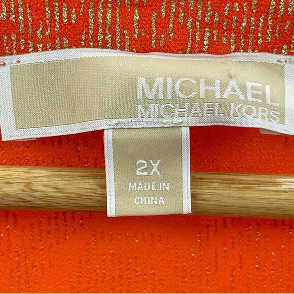 Michael Kors Poppy/Gold Samara Smocked Bell Sleeve Tunic Metallic Blouse Size 2X - Picture 11 of 13